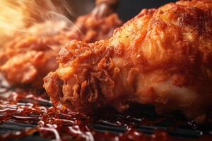 With a focus on texture, this shot zooms in on a crispy fried chicken thigh, capturing the intricate network of cracks on its surface as the flavorful juices seep through the tender meat photo