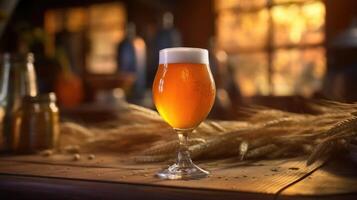 An ethereal photo captures the effervescence of a Farmhouse ale as it swirls within a stemmed glass, showcasing its vibrant strawlike hue, coupled with a delightful frothy texture.