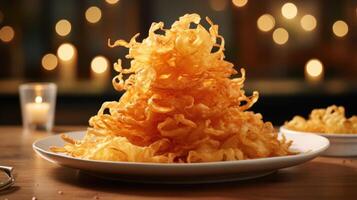 Crispy battered ribbons Experience a whimsical twist on the classic onion rings with these delicate ribbons of onions, each wrapped in a light and crispy batter. The ribbons are elegantly photo