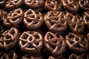 In this shot, multiple chocolatecovered pretzels are artistically arranged in a symmetrical pattern, creating a visual feast for the eyes with their uniformity and enticing chocolate photo