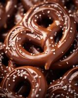 A macro shot showcases the intricate details of a chocolatecovered pretzel, emphasizing the enticing swirl pattern and how it enhances the taste and appearance of the salty snack. photo