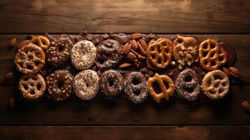 An overhead shot captures a group of chocolatecovered pretzels laid out on a rustic wooden board, highlighting their natural appeal and appetizing combination of sweet and savory flavors. photo
