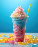 A delightful food shot showcasing a Slurpee that captures the playful spirit of a carnival. The drink is a whirlwind of cotton candy sweetness, with hints of tangy lemon and vibrant blue photo