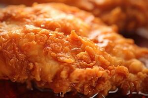 An upclose shot reveals the intricate pattern left behind by the bubbling hot oil as it cooked, resulting in an appealing weblike texture on the irresistibly crispy fried chicken. photo