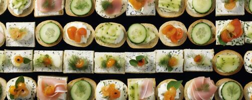 An enticing food shot captures an array of delicate white bread finger sandwiches, artistically arranged and filled with mouthwatering combinations, such as cucumber and dill cream cheese photo