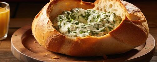 This captivating image showcases a rustic white bread bowl, hollowed out and filled to the brim with a creamy, indulgent spinach and artichoke dip, enticing you to dive in and savor its photo