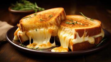 This captivating shot portrays a delectable white bread grilled cheese sandwich, oozing with melted cheddar cheese and perfectly browned until the cheese forms a delightful stringy pull, photo