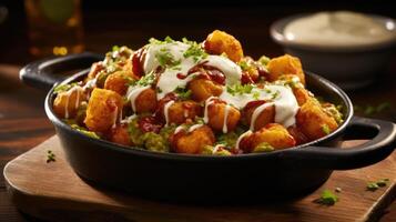 Loaded Fiesta Tots Piled high with toppings, these tater tots are a fiesta on your taste buds. Topped with tangy salsa, creamy guacamole, and zesty sour cream, they bring the flavors of photo