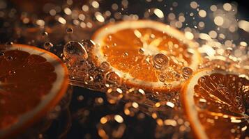 The glass of orange soda reveals a mesmerizing display of tiny bubbles clinging delicately to the sides, creating a beautiful mosaic pattern that adds an artistic touch to the beverages photo