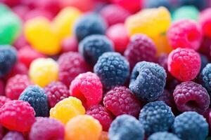These adorable fruit snacks are shaped like miniature berries and boast a delightful sugar coating that adds a satisfying crunch to each bite. Their bright colors mirror their intense photo