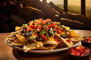 A sight to behold, this mountain of nachos boasts a layer upon layer of irresistible goodness. Triangular corn chips are piled high, covered in a blanket of smooth melted cheese, with photo