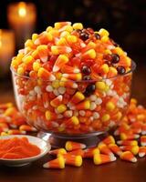A fun and playful image showcasing a bowl filled to the brim with candy corn. The precise symmetry of each kernel, along with the pristine shine, gives the impression of a meticulously photo