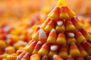 An enticing shot showcasing a stack of candy corn pieces in varying heights. The gradual tapering of each kernel results in a visually appealing triangular shape, while the colors create photo