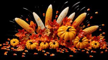 A playful image that captures the joyous essence of candy corn by depicting a cascade of kernels pouring out from a vibrant orange cornucopia. The image conveys a sense of abundance and photo
