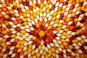 A visually captivating overhead shot of an artfully arranged candy corn mosaic. The precisely p kernels create an eyecatching pattern resembling a goldenhued sunburst against a photo