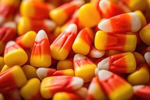 A closeup shot highlighting the exquisite craftsmanship behind each candy corn kernel. The smooth edges, uniform shape, and flawless candy coating reflect the attention to detail in their photo