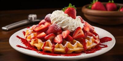 Feast your eyes on a funnel cake masterpiece adorned with a generous heap of vibrant, rubyred strawberries, nestled atop the crispy latticelike dough, giving every bite a delightful photo
