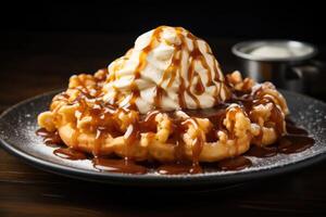 Ready to embrace a burst of sweetness This funnel cake is generously drizzled with a golden caramel sauce, creating a heavenly combination that will satisfy your deepest dessert cravings. photo