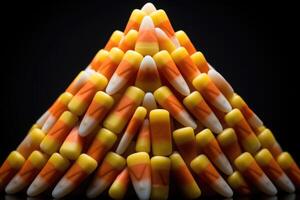 An artistic composition capturing the whimsical charm of candy corn through a symmetrical arrangement. The distinct colors stand out against a dark background, with the soft shadows photo