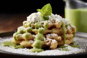 Elevate your funnel cake experience with a touch of sophistication a dusting of aromatic matcha powder adds subtle earthiness and a hint of bitterness, harmonizing with the sweet, doughy photo
