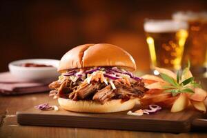 Delight in the harmonious balance of sweet and savory in this delectable slider, featuring a tender pulled pork bathed in a smoky bourboninfused barbecue sauce, topped with a tangy slaw photo
