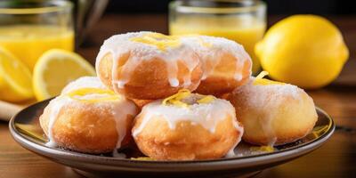 A delectable combination of sweet and tangy, these fried doughnuts are filled with a homemade lemon curd. They are topped off with a zesty lemon glaze, garnished with delicate curls of photo