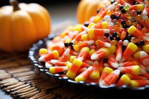 A creatively composed shot that showcases candy corn as part of a festive Halloween centerpiece. The kernels are p alongside miniature pumpkins and seasonal decorations, creating a photo