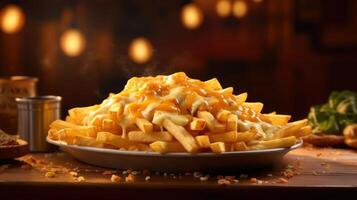 Treat yourself to a plate of cheesy goodness with these cheese fries, boasting a perfect union of perfectly cooked fries and a velvety cheese topping that unravels on the palate, leaving photo