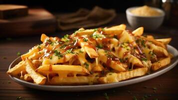 Immerse your taste buds in a delightful blend of crispy fries that give way to layers of melted cheese, creating a wholly gratifying experience with each bite of these cheese fries. photo