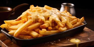 Delight in the amalgamation of crisp, salted fries elegantly adorned with a molten blanket of cheese, meticulously chosen to provide a harmonious contrast in both taste and texture. photo