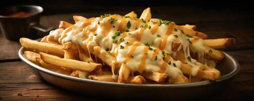 Experience the epitome of comfort food with these cheese fries a symphony of flavors that unravels as you feast on crispy fries smothered in a rich, cheese sauce that keeps you longing photo