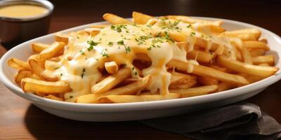 Embark on a flavorful journey with these cheese fries, where tender potato fries are bathed in a flavorful cheese sauce that delicately clings to the fries, creating a harmonious marriage photo