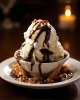 Take a moment to savor this decadent delight. A generous scoop of premium vanilla ice cream is adorned with a river of warm, glossy hot fudge sauce, crowned by a cloud of luscious whipped photo