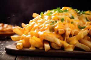 Discover the ultimate comfort food in the form of these cheese fries a combination of crisp, golden fries dd in a luxurious blanket of melted cheese, making every mouthful a heavenly photo