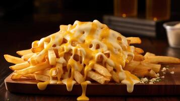 Immerse yourself in cheesy deliciousness with these cheese fries, featuring a generous portion of golden fries smothered in a melange of melted cheeses that lend a luxurious and milky photo