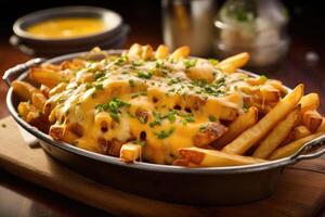 Relish the perfect harmony of flavors in these cheese fries, featuring expertly cooked fries laden with a molten cheese topping that strikes the ideal balance between creaminess and photo