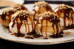 An intriguing image capturing the elegance of homemade profiteroles filled with delectable cookie dough cream and drizzled with a luscious salted caramel sauce, transporting you to photo