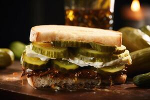 This shot takes a creative approach by featuring a pickle sandwich, with layers of gourmet pickles, cheese, and lettuce between two slices of crusty bread. The shot highlights the photo