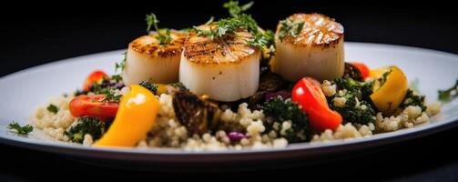 A tantalizing shot capturing the delicate and perfectly seared scallops, served atop a bed of herbed quinoa, complemented by a medley of roasted vegetables and drizzled with a fragrant photo