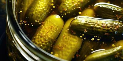 An enticing, highangle shot that takes a peek into a partially open jar, revealing plump and juicy pickle spears submerged in a clear, briny liquid, enticing even the most discerning photo