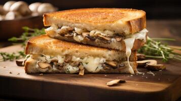 Captured in a closeup shot, a visually stunning grilled cheese showcases its elegance. Thin slices of rustic multigrain bread delicately hold together a blend of creamy boursin, velvety photo