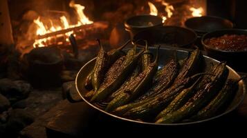 un cautivador, tenuemente iluminado Disparo ese Destacar el intrincado detalles de A la parrilla pepinillo lanzas, ingeniosamente carbonizado y caramelizado en el bordes, radiante un ahumado aroma y agregando un único foto