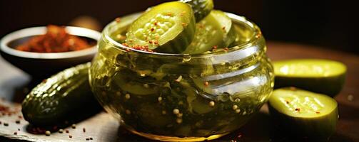A visually enticing shot that focuses on a single pickle wedge, delicately speared with a silver toothpick, its perfectly brined glistening with tiny droplets, inviting a satisfying photo