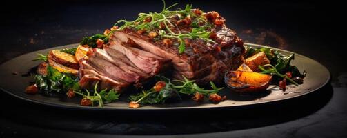A visually stunning photograph of a bonein lamb shoulder, slowroasted to perfection, unveiling its tender, succulent meat falling apart in succulent shreds, with hints of aromatic es photo