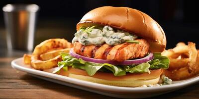 Treat your taste buds to a unique blend of flavors with a seafood burger showcasing a succulent grilled salmon patty, enhanced with a zesty lemon dill mayo, crispy lettuce, and a touch of photo