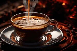 A s slowly stirs a cup of freshly brewed Turkish coffee, creating ripples that reveal its velvety texture. The dark, aromatic liquid swirls enticingly, promising a rich and fullbodied photo