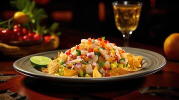 A mouthwatering image capturing the essence of a traditional Peruvian ceviche. Fresh and chunky pieces of fish are marinated in a tangy blend of lime juice and Peruvian chili peppers photo