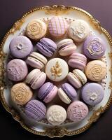 An aerial shot captures an array of dainty macarons artfully arranged on an exquisite platter. The ornate detailing of each macaron shell takes center stage, showcasing intricate patterns photo