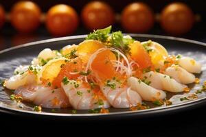 An enticing image showcasing a contemporary take on Peruvian ceviche. Delicate slices of fish are marinated in a tangy blend of citrus juices and subtle hints of ginger, creating a unique photo