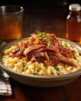 Celebrating Southernstyle comfort food, a hearty bowl of slowcooked, tender pulled pork drenched in a tangy and smoky barbecue sauce, piled high on a bed of creamy macaroni and cheese photo